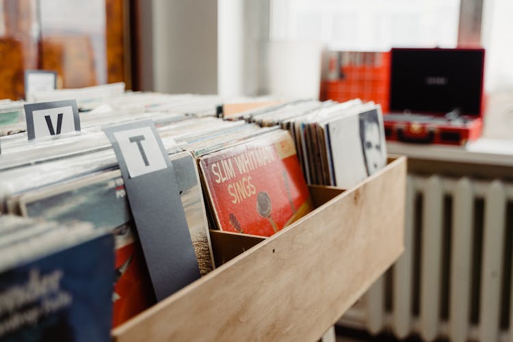 Old Phonograph Records In A Wooden Box