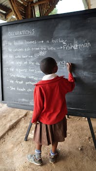 Young student writing on blackboard, practicing occupations in rural classroom setting.
