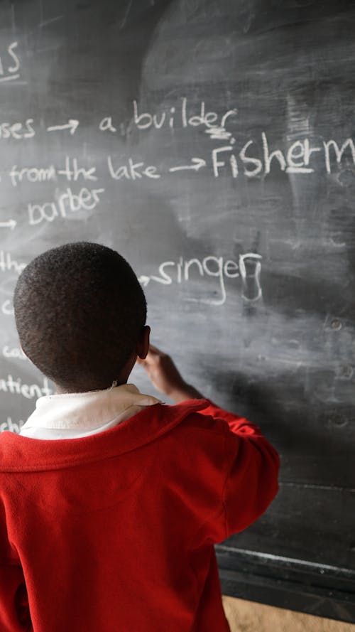 A Student Writing on a Blackboard