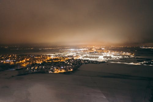 Aerial Shot Cityscape Illuminated at Night