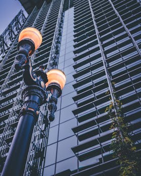Low angle view of a modern building and streetlamp in an urban setting.