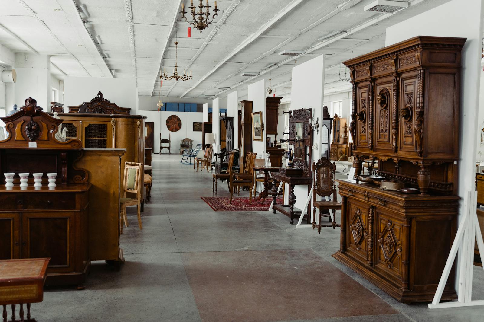 Antique showroom with wooden furniture on display