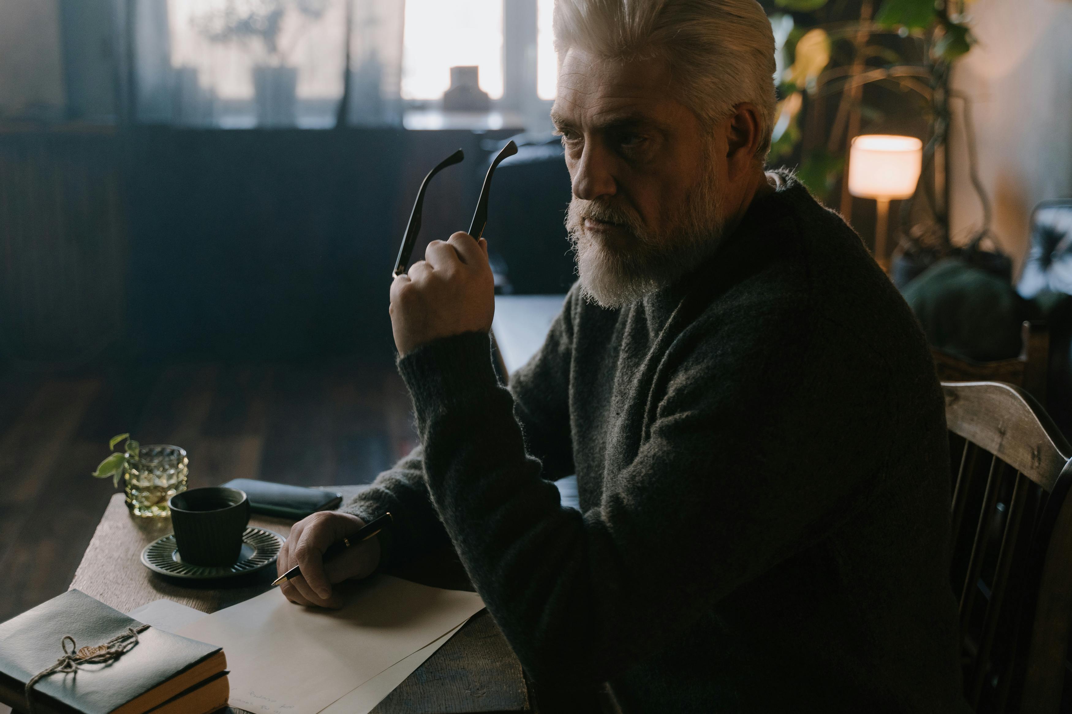 A Man in Gray Knitted Sweater Wearing Eyeglasses while Looking Afar ...