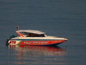 Contemporary motorboat decorated with flag and moored on calm rippling seawater in peaceful nature in daylight