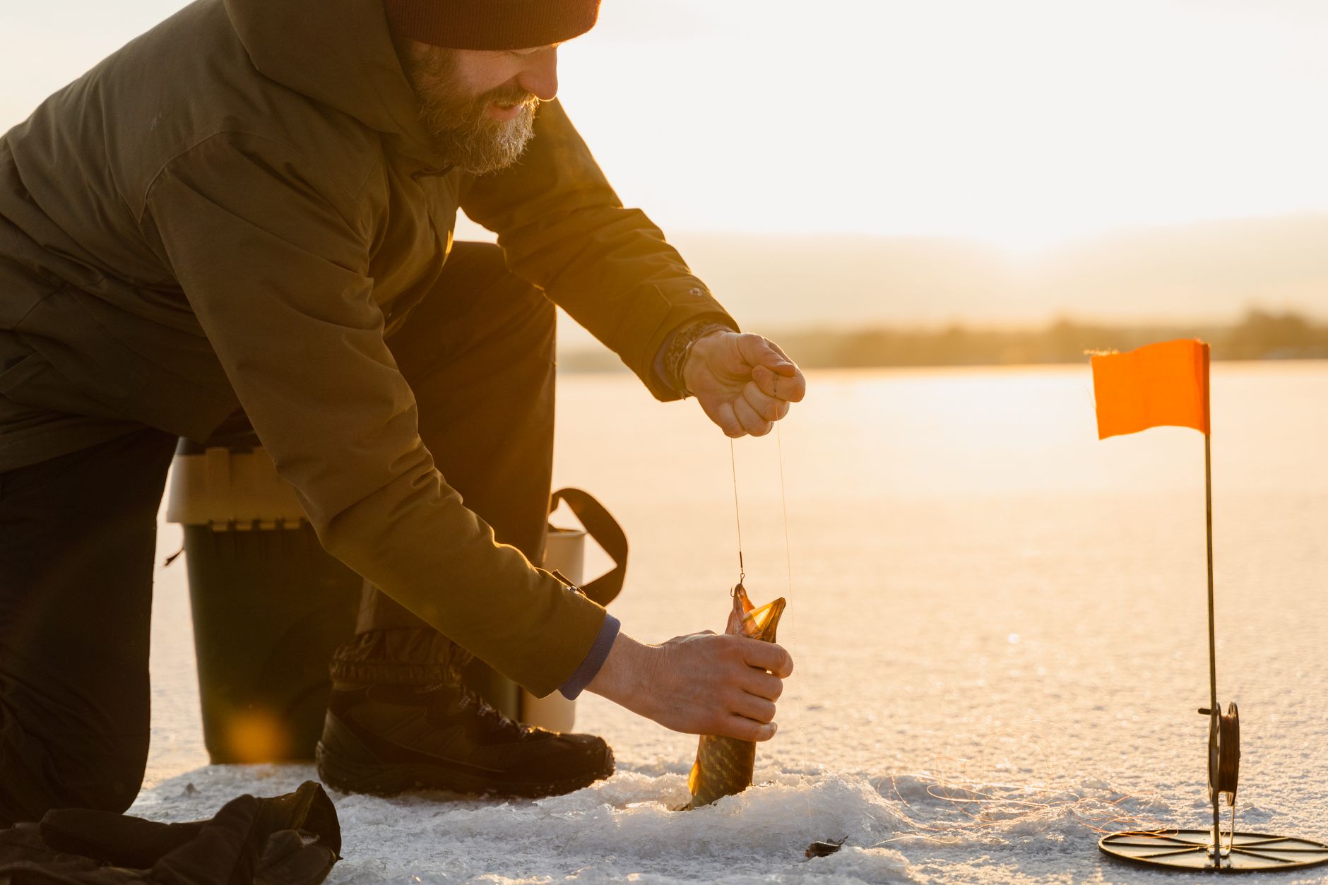 A fisherman catches a fish on a frozen lake in winter, showcasing ice fishing technique.