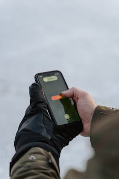 Close-up shot of hands in gloves holding a smartphone with a green and orange screen outdoors.