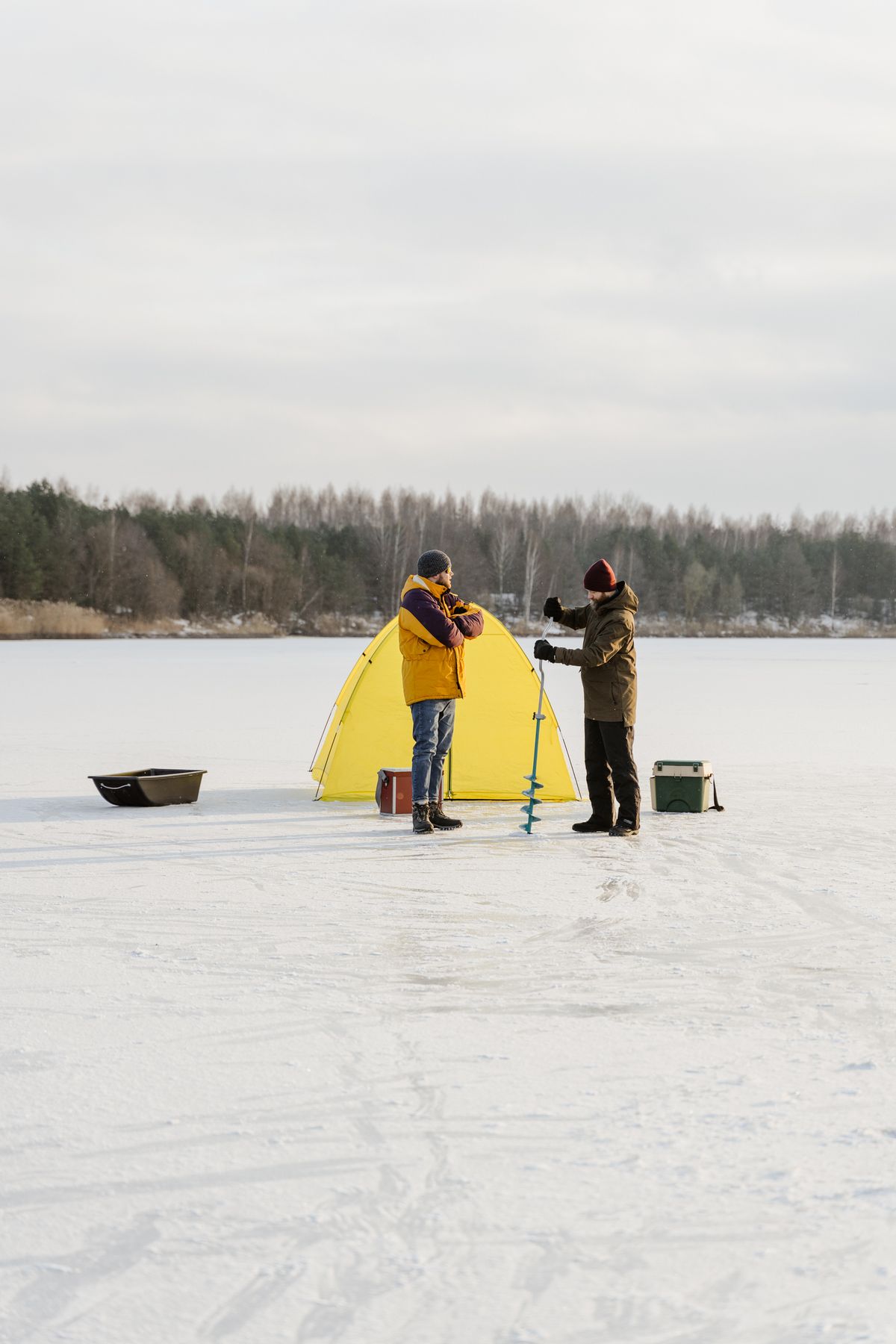 Ice fishing tent on frozen lake
