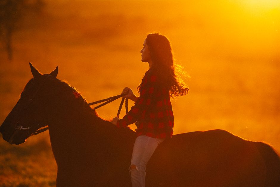 Side view of young female with long hair in checkered shirt riding horse in bright sunset