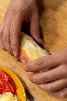 Close-up of hands preparing a fresh spring roll on a cutting board with sliced vegetables nearby.