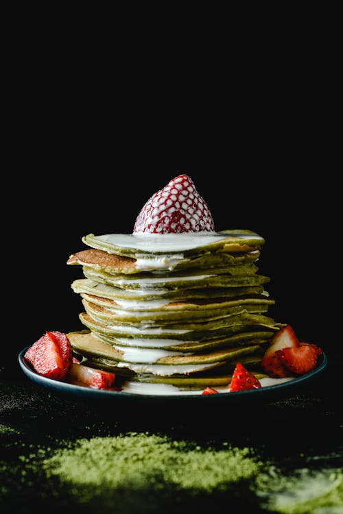 Stacked Matcha Pancakes Topped with Strawberry 