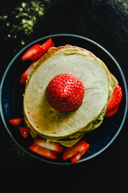 Matcha Pancakes with Sliced Strawberries