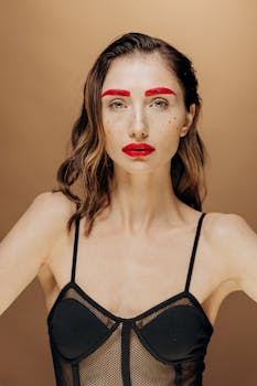 Fashion portrait featuring a woman in black attire with striking red makeup and beige background.
