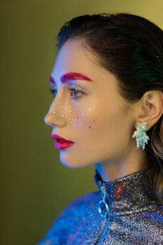 Close-up side view portrait of a woman with vibrant makeup and glitters indoors.