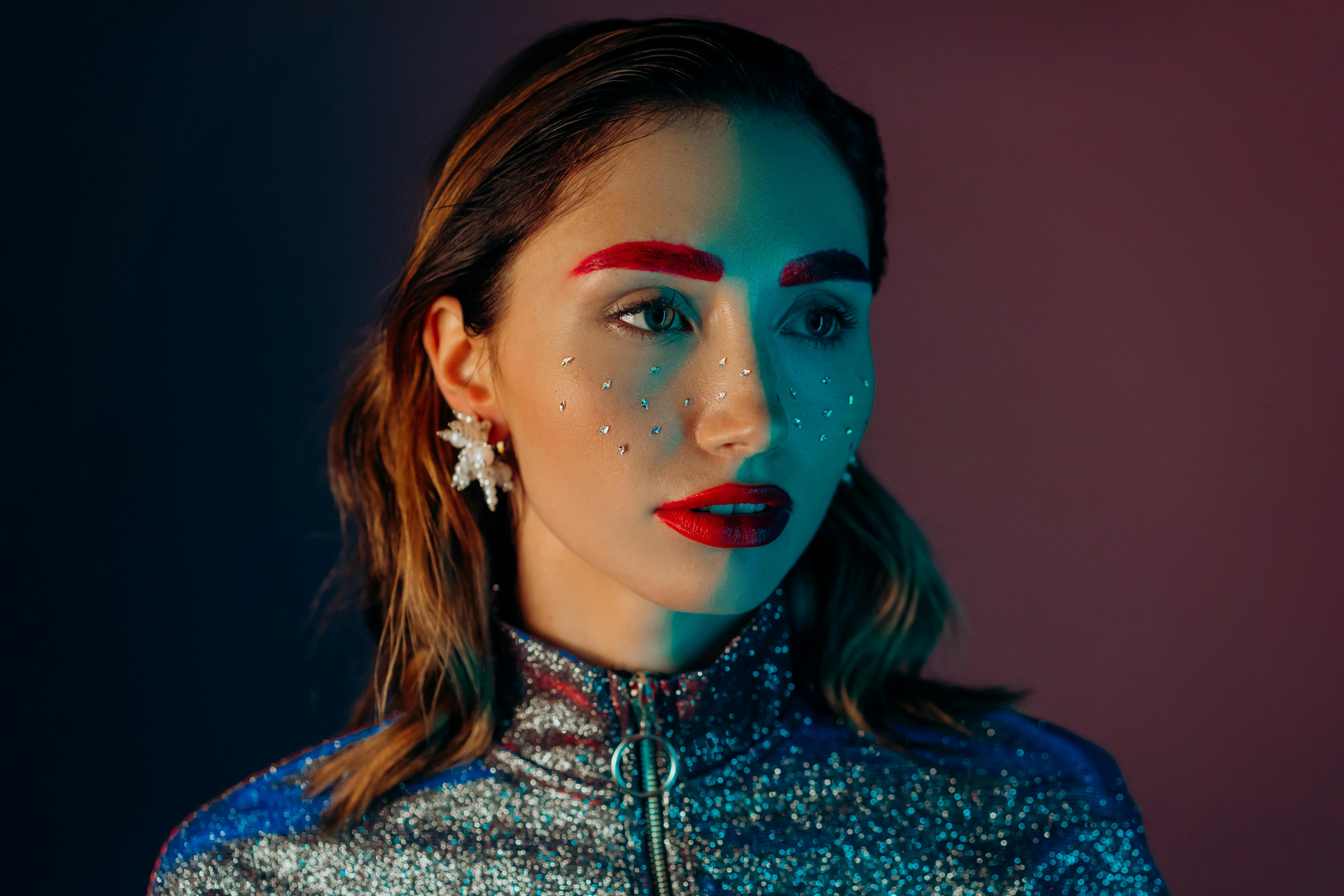 woman in blue and white floral shirt