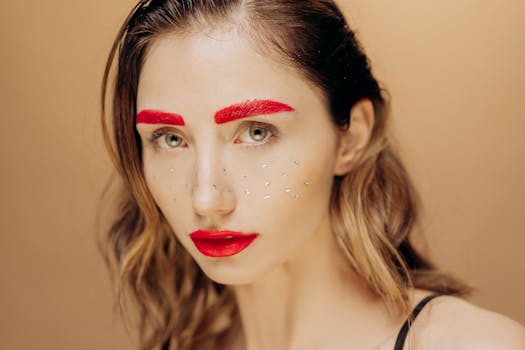 Artistic portrait with bold red makeup and glitter accents on a neutral backdrop.