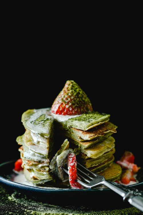 Sliced Matcha Pancakes with Strawberries