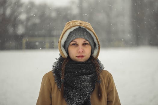 A woman stands outdoors in winter attire amidst falling snow, creating a serene winter portrait.