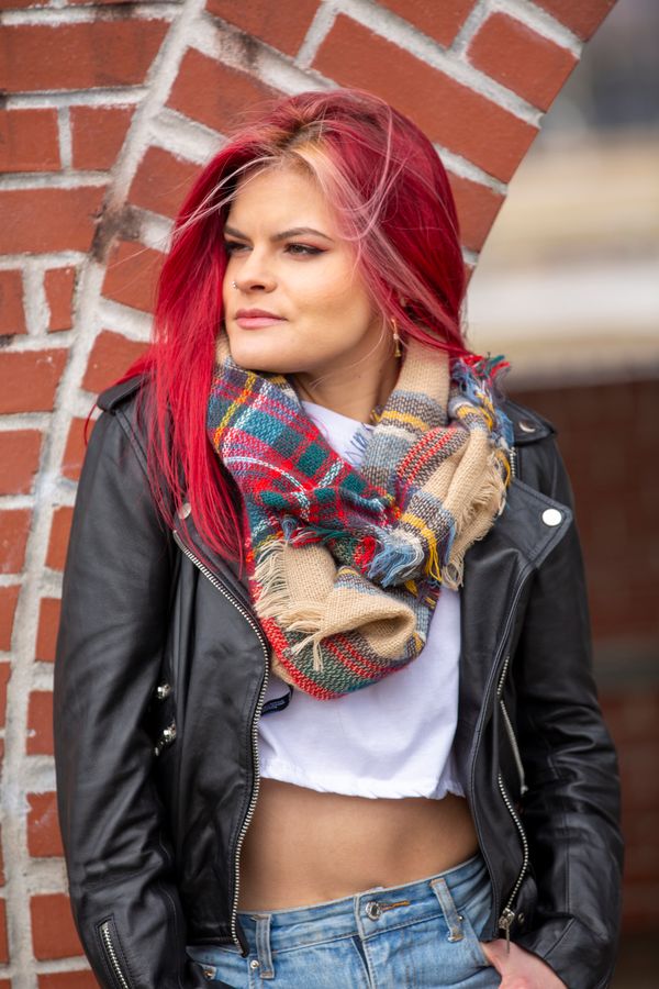 Plaid Scarf With Leather Jacket