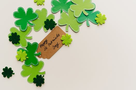 Vibrant green shamrocks with a St. Patrick's Day greeting on a light background.