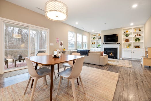 Spacious modern home interior featuring a dining area and cozy living room with fireplace.