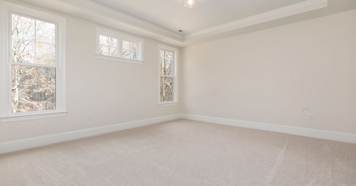 Bright empty room with large windows, neutral walls, and soft carpet flooring.