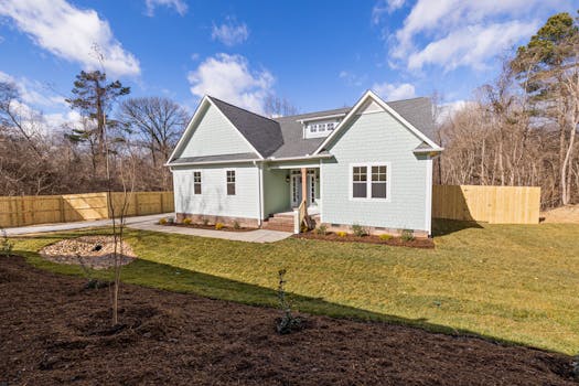 A beautiful suburban bungalow with a spacious yard and clear blue sky.