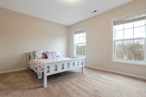 Free Spacious bedroom with floral bedding and large windows letting in natural light. Stock Photo