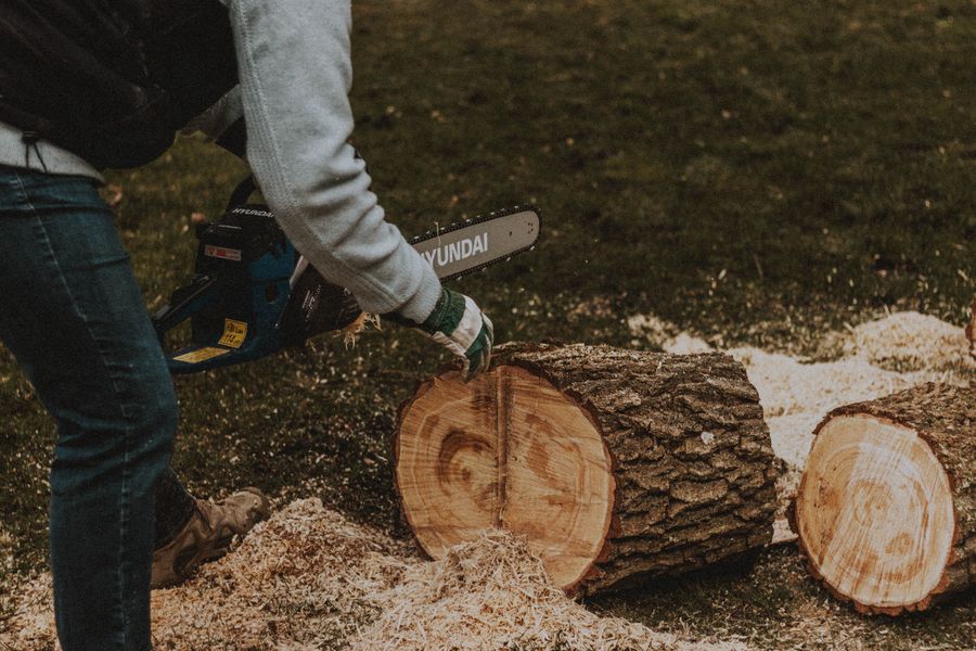 Worker grinding a tree stump down below ground level in a yard