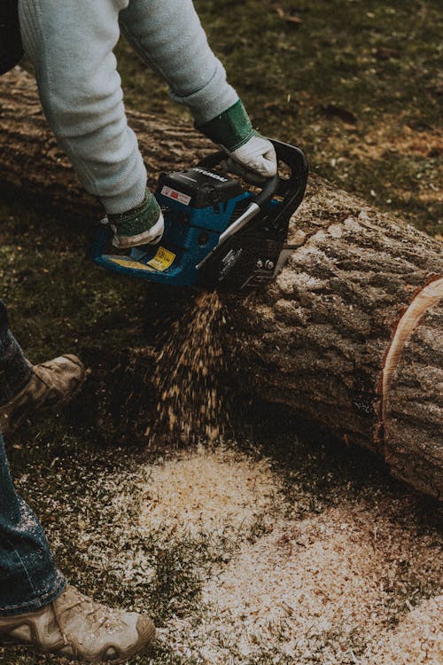 Crop man cutting wood with chainsaw against partner outdoors