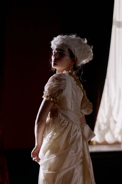 Free Dramatic portrait of a person in vintage costume and wig, captured in moody lighting. Stock Photo