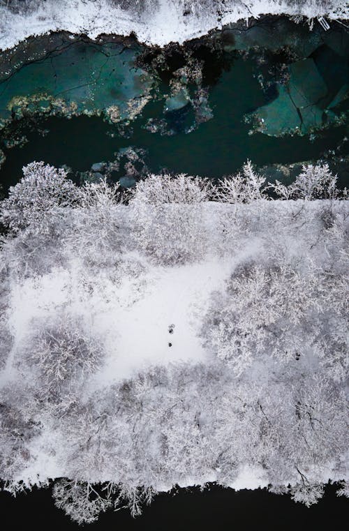 Top View of a Snowy Field and Frozen Water 