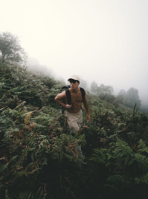 Topless Man with Backpack walking in the Middle on Fern Leaf Plants 