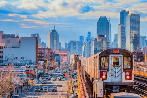 Skyscrapers and Train Cityscape, New York City, New York, USA