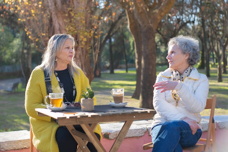 An Elderly Women Sitting At The Park While Having Conversation