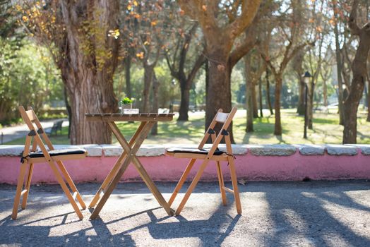Unoccupied Wooden Table and Chairs on the Park 
