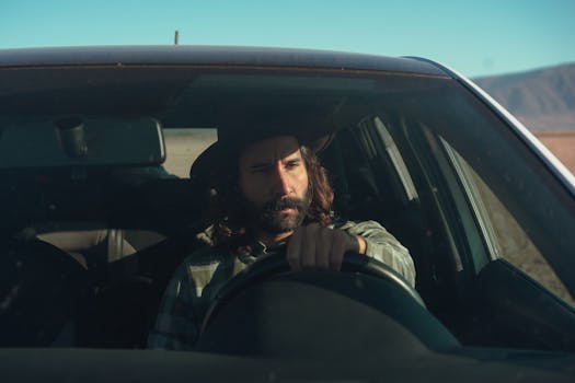 A bearded man in a hat driving a car through a sunny desert landscape, conveying a sense of adventure.