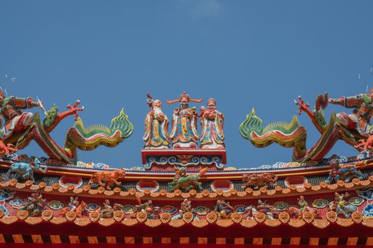 Colorful and ornate temple roof with dragons and deities in Taiwan.