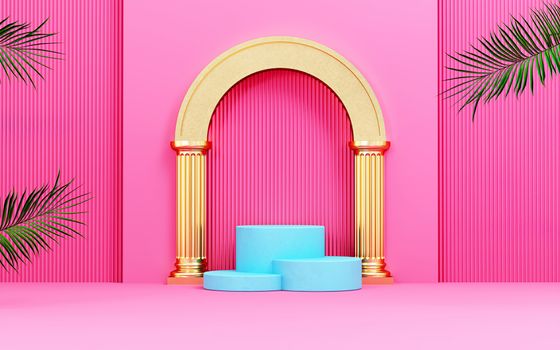 A vibrant pink background with a golden arch and blue podiums, accented by palm leaves.