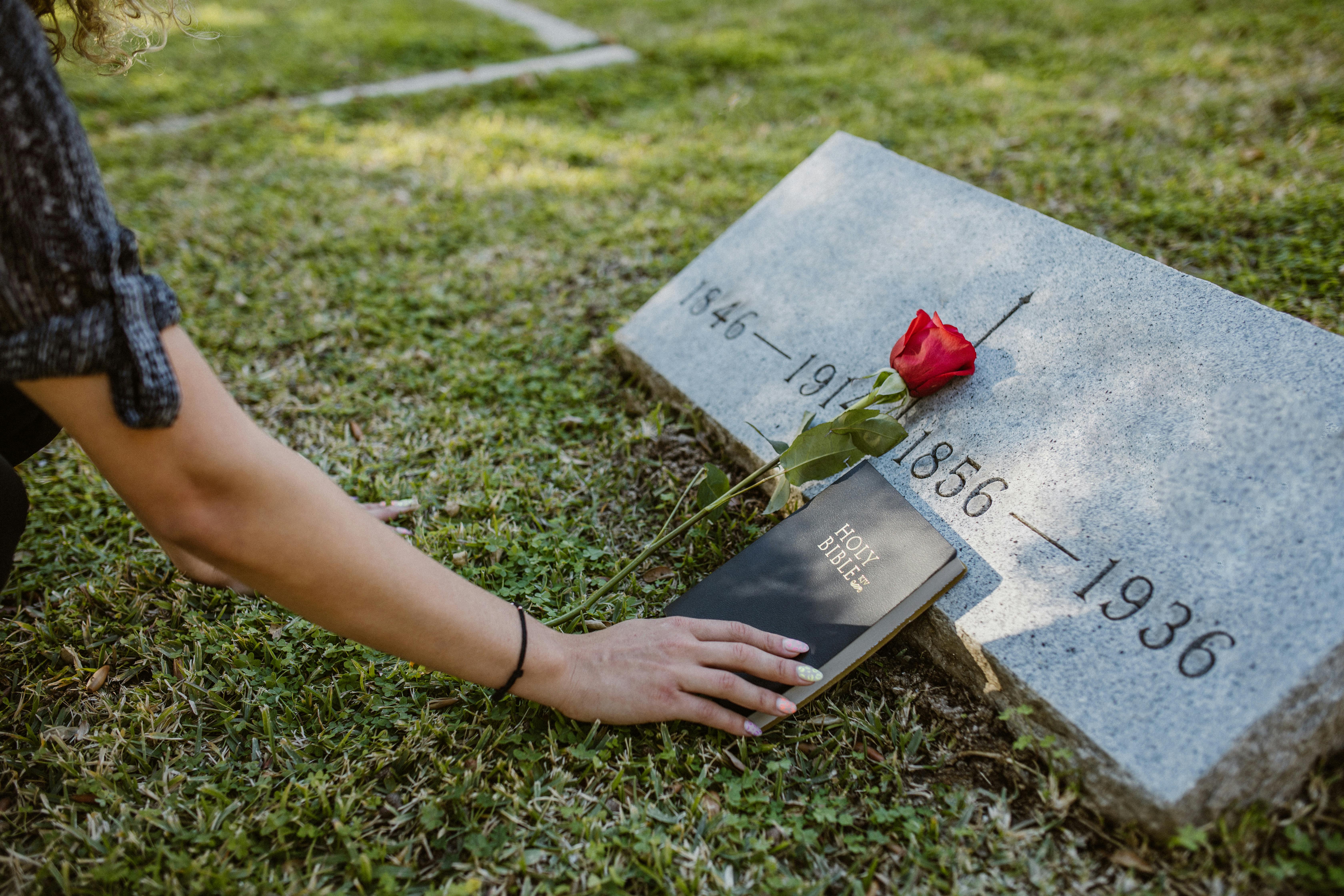 A person places a rose and Bible on a gravestone in a peaceful cemetery scene.