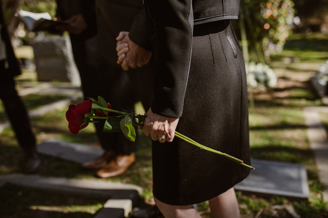 Free Close-up of a person in black attire holding a red rose at a cemetery. Stock Photo