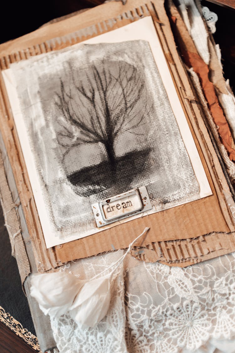 Artwork Of Tree On Cardboard Sheet With Lace Textile