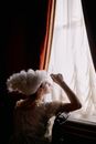 A woman in Victorian attire gazes thoughtfully out a window in a classic setting.