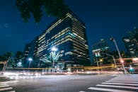 夜晚的城市充满活力，以摩天大楼和车流灯光点缀的步道为特色