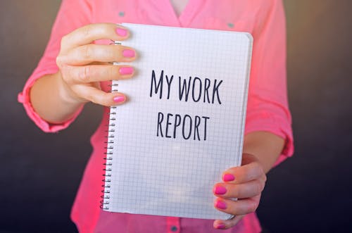 Woman in Pink Long-sleeved Shirt Holding White Book With My Work Report Text Print