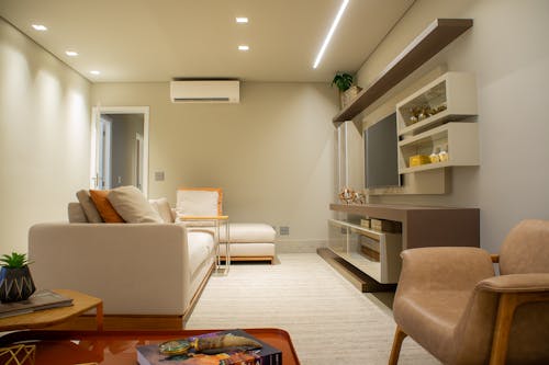 Interior of modern living room with soft comfy sofa and armchair and minimalist furniture decorated with various souvenirs