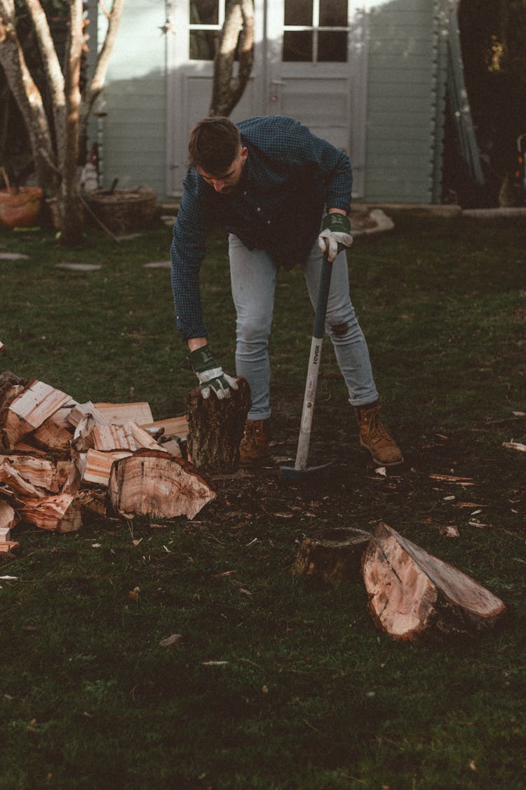 Man With Axe And Stump Against Rural House