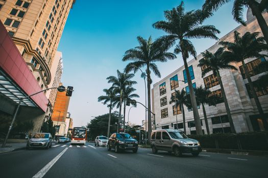City street scene featuring cars and palm trees under a bright sky.