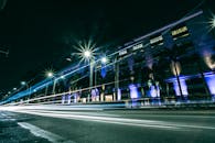 充满活力的城市街景和流动交通的灯光痕迹，展现了夜间城市生活的活力