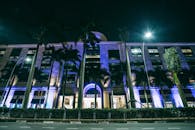 这座现代化建筑在夜间被充满活力的城市灯光和棕榈树照亮
