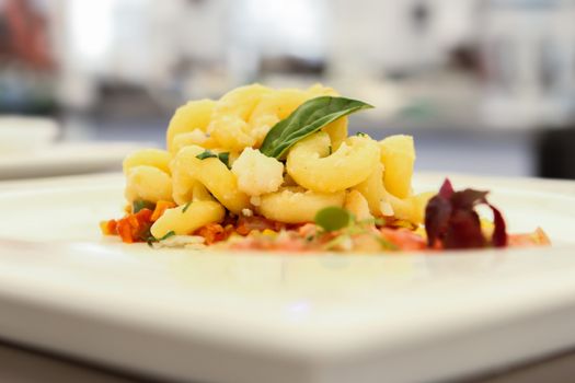 A close-up of macaroni pasta garnished with basil and vegetables, presented elegantly.